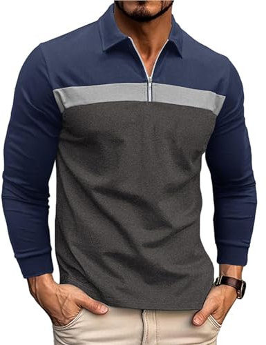 Hopgo Men's Long Sleeve Polo Shirts Casual Quarter Zip Cotton Rugby T-Shirt Golf Shirt Tops XL Blue+Grey