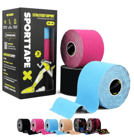 SPORTTAPE Lot 3 Bandes kinésiologiques - Mixte - 5 cm x 5 m | Bandes de kiné professionnelles pour douleurs musculaires | Strapping sport genou, cheville, épaule, dos | Étanche & hypoallergénique