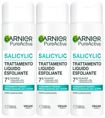 Garnier Gesichtspeeling-Behandlung Salicylsäure AHA Pure Active Salicylic Feuchtigkeitsspendende Flüssigkeit reduziert poröse Akne und Unregelmäßigkeiten der Haut mit Niacinamid – 3 Flaschen à 120 ml