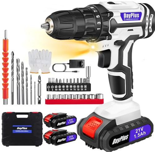 Perceuse-visseuse sans fil 21V, 29 mèches, 2 batteries 1500mAh, 25+1 réglages de couple, 45N.m Max, 2 vitesses variables, éclairage LED pour les projets de bricolage à la maison (Blanc)