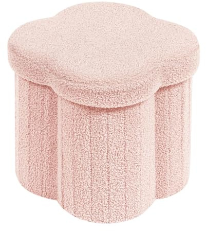 PINPLUS Hocker mit Stauraum faltbar, Blumenform, Dekorativer Sitzhocker aus Bouclé-Stoff, Rosa, 32x32x32cm, für Schminktisch, Schlafzimmer, Wohnzimmer