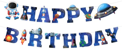 HUKUMA Happy Birthday Girlande,Weltraum Deko Kindergeburtstag Junge,Astronaut Happy Birthday Banner, Kinder Geburtstag Deko,Geburtstagsgirlande Kinder Deko,Geburtstagsdeko 1 2 3 4 5 6 Jahre