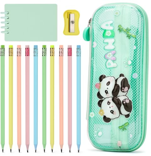 OPPZZIT 10 Stück Bleistifte mit Radiergummi, Kawaii Federmäppchen Panda 2 Fächer und Stifthalter innen, Bleistiftset Kinder mit Mäppchen & Notizbuch, Panda Geschenke für Mädchen Jungen 4 5 6 7 Jahre