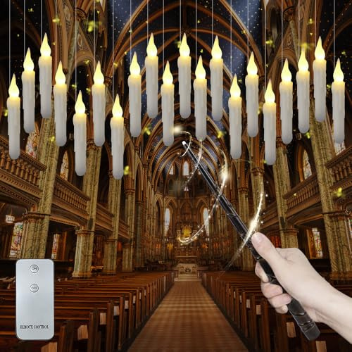 XPJBKC Floating Candles with Wand Remote, 20pcs Hanging Candles from Ceiling, LED Halloween Floating Candles Flickering Flameless Battery Operated for Halloween Christmas Tree Wedding Birthday Party