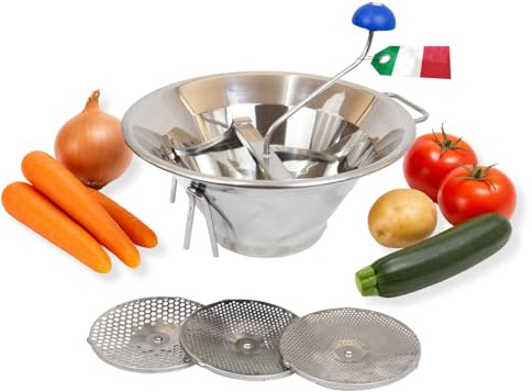 MOHOME Passaverdure Manuale Acciaio Inox 18/10 Made in Italy Diametro 33 cm Passapomodoro Schiaccia Verdure 3 Filtri Interscambiabili Passatutto Professionale Maniglia Ganci Verdure Frutta Salse