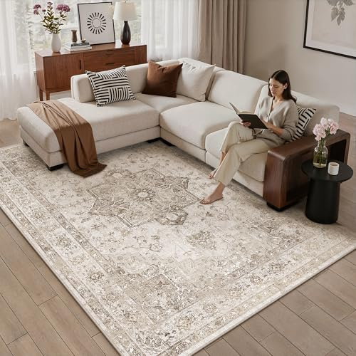 PureCozy Vintage Teppich Wohnzimmer Beige 160x230cm Wohnzimmerteppich Schlafzimmer Waschbarer Weich rutschfest Groß Carpet Bettvorleger Esszimmer Kurzflor Teppiche Carpet Living Room