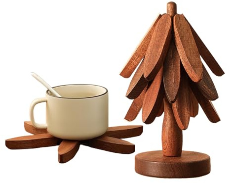 Arbre Dessous Plat en Bois | Dessous Plat pour Plats Chauds | Tapis dessou Plats Pliant en Bois | sous-Verres isolés en Forme d’Arbre Noël | Tapis Vaisselle Service pour décoration Cuisine