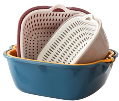 SAFIGLE Juego de 6 Cestas Escurridoras de Plástico Asas Laterales Diseño Apilable de Doble Capa para Lavar y Escurrir Frutas y Verduras Cocina Doméstica