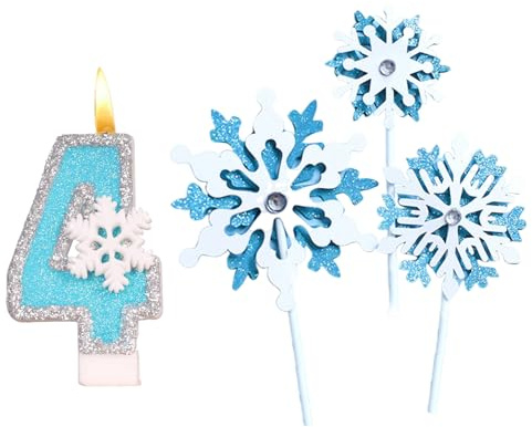 Frozen Geburtstagskerzen Zahlen 4, Glitzer Zahlenkerze 4 mit Schneeflocken Deko, Tortendeko Geburtstag Mädchen 4 Jahre, blau-weiße Eiskönigin Kuchen Kerzen Topper Geburtstagsdeko