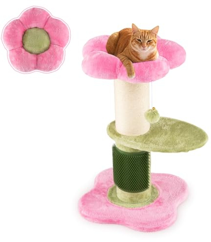 FANTASK Kratzbaum Klein, Kratzsäule mit dickem Sisalstamm Plüschsitz Selbstpflegebürste Ballspiel, Katzenbaum Kletterbaum Katzenmöbel Indoor, Pink
