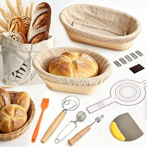 Sourdough Starter Kit, Bread Proofing Basket Set Round & Oval Silicone Proving Baskets, Bread Making Gift Set Kit with Liner, Dough Whisk, Scrapers & Brush for Beginner Bakers