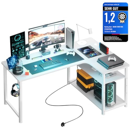 COMHOMA Gaming Tisch mit Steckdose 130 x 80cm Schreibtisch, Eckschreibtisch mit USB-Ladeanschluss und Regal, Computertisch L Form, PC Tisch für Büro, Heimbüro