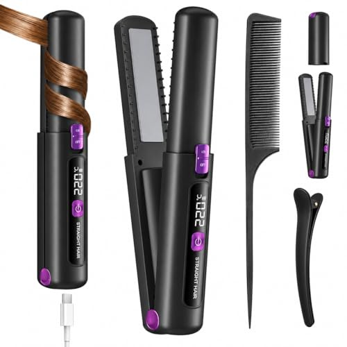 Hair Straightener,Cordless Hair Straightener (LCD), Cordless Rechargeable Flat Iron 4500mAh Battery,Portable Travel Straightener 2 in 1,Mini Charge Curling Iron (Dark Gray)