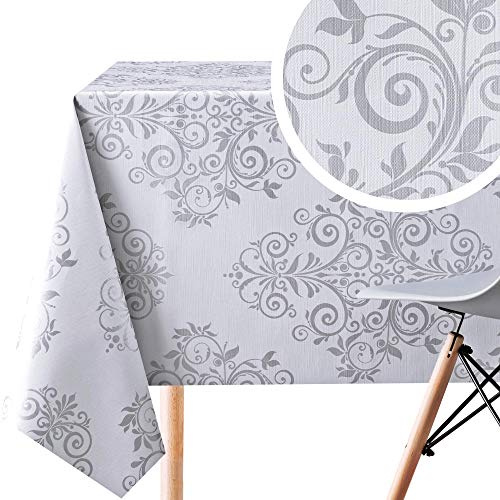 KP HOME Wachstuchtischdecke Barock Damast Arabeske Grau und Silber - Rechteckige 250 x 140 cm - Abwischbare PVC Tischdecke Wasserabweisend - Luxuriöse Ranken Wachstuch - Pflegeleicht Strapazierfähig