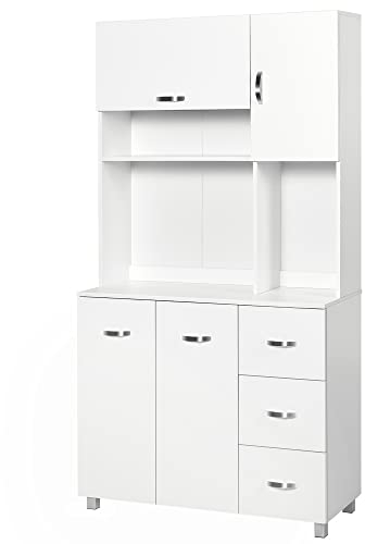 HOMCOM Kitchen Cupboard, 183cm Tall Storage Cabinet with Countertop, Sideboard with 3 Small Drawers, Flip Up Top Door, 3 Cabinet Doors and Open Shelves, 100W x 39.5D x 183.5H cm, White
