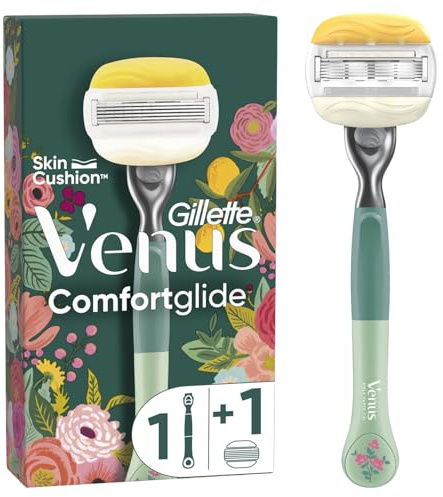 Gillette Venus + Rifle Paper Co. ComfortGlide Damenrasierer mit Blumenmuster, 1 langlebiger Griff, 1 Nachfüllpack, 5 scharfe Klingen mit feuchtigkeitsspendendem Band, gründliche Rasur für weiche Haut