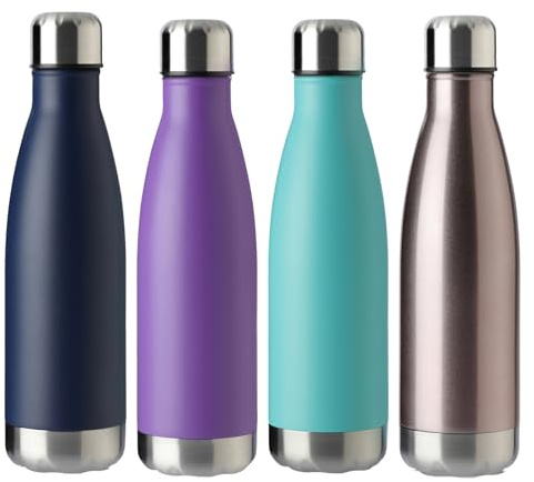 MEWAY 17oz Sport Water Bottle 4 Pack Vacuum Insulated Stainless Steel Leak-Proof Double Wall Cola Shape Water Bottle (Purple/Light Blue/Navy/Rose Gold, 4 Pack)