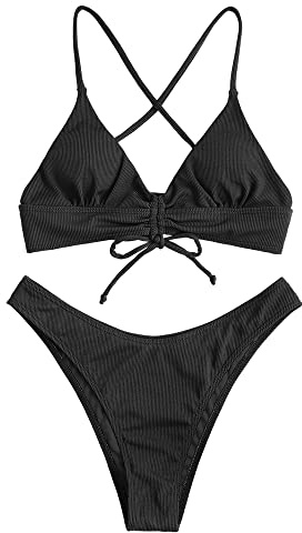 ZAFUL Zugezogen Gerippt Fest Schnüren Hoher Schnitt Brasilianisch Bikini Set Gepolstert Zwei Stücke Badeanzug Bademode für Damen (G-Schwarz,M)