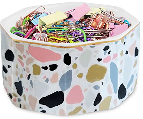 LEAZUL Ceramic Paper Clip Holder Gold Line Paper Clip Dispenser Organizer for Desk Cute Terrazzo Marble Pattern Office Binder Clip Holder Bobby Pin and Hair Clip Holder Gift for Office Pink