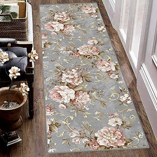 Siunwdiy Teppich Läufer Flur Korridor Schlafzimmer Küche Rosa und Grau 80X350CM rutschfest Waschbar 3D Muster schmutzfangmatte Kücheläufer Teppichläufer Polyester Meterware Anpassbar