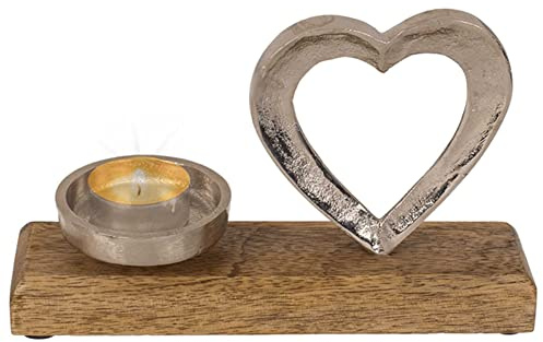 mtb more energy Deko Teelichthalter ''Herz'' - Metall Teelichthalterung mit Holzfuss - Länge 20 cm - Dekoration Kerzenhalter Liebe Love Home