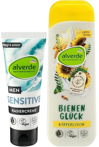 Alverde Naturkosmetik 2er-Set Körperpflege: Rasiercreme SENSITIVE NATURE MEN ohne Duftstoffe & Alkohol für empfindliche Haut & eine schonende Rasur (75 ml) + Bodylotion BIENENGLÜCK (250 ml), 325 ml