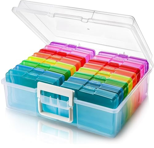 Goaste Photo Storage Box, 4 x 6 Photo Cases with Handle, 16 Inner Clear Craft Keeper, Plastic Storage Container Box, Colorful Picture Organizer Boxes for Sticker, Stamp, Seeds, Scrapbooking