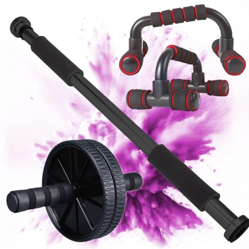 Kit Completo di barra per trazioni da porta, rullo addominali e maniglie per flessioni a terra per fitness. Attrezzi per palestra in casa di qualità. Sbarra trazioni a porta da montaggio facile