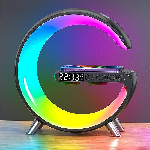 Sannofair 15W Wireless Charger Atmosphere Lamp, Alarm Clock Wake Up Light with Bluetooth Speaker, G Shape Intelligent LED Table Lamp, Dimmable Night Light, App Control