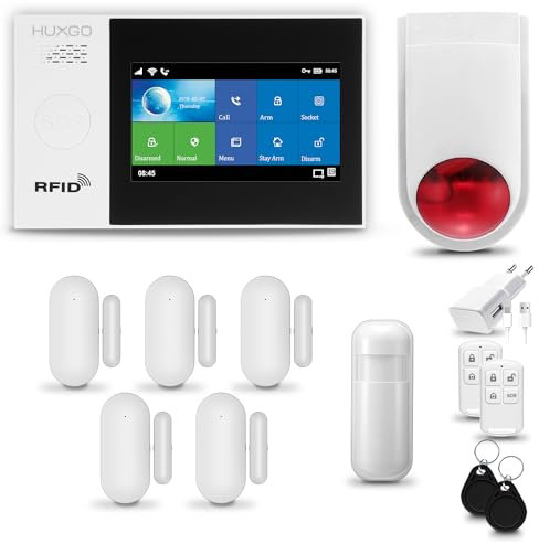 HUXGO® HXA007 Sistema de Alarma inalámbrico con Sirena Solar Exterior WiFi + gsm 4G | Kit Alarma con 1x Sensor de Movimiento, 5X alarmas de Puerta/Ventana | Idioma Español