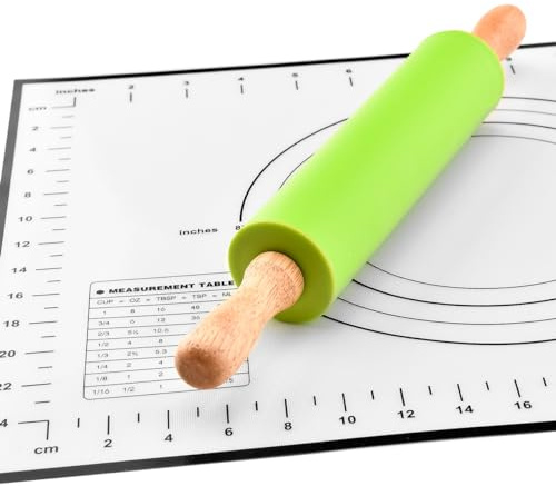 Ruayia Nudelholz mit Backmatte,Metallachse Silikon Teigroller Backzubehör Backrolle mit nicht klebend Silikon Teigroller Holzgriff - Grün