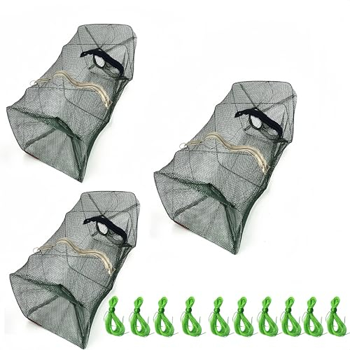 HJYDGJ 3Stück Fischfangnetz Krebsreuse 50cm Fishing Köderfischreuse Fischfang Fischreuse Köder Fisch Reuse Aalreuse Reuse Köderfisch-Reuse Faltbare Angelnetzfalle - Kommt mit 10Stück 6m Garnelenseil
