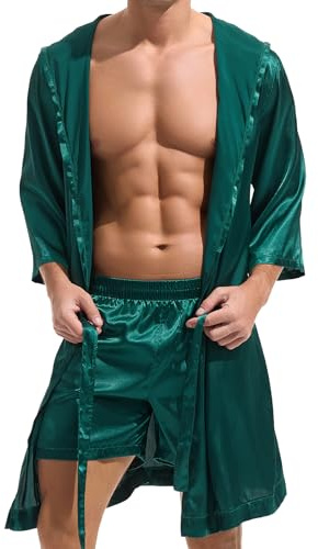 Amy Coulee Herren Sexy Satin Bademantel mit Shorts Set, mit Kapuze | Leicht, Dünn, Seidig, Silky, Morgenmantel, Bathrobe, Kimono, Sommer, Night, Sauna, Kapuze, Halbarm, Knielänge, Gürtel