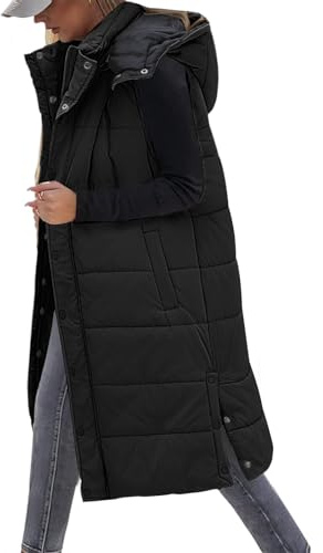 Tuopuda Gilet Donna Lungo, Smanicato Piumino Invernale, Gilet con Cappuccio Cappotto Senza Maniche Termico Giubbotto Imbottito Giacca Trapuntato con Cerniera, Nero, L