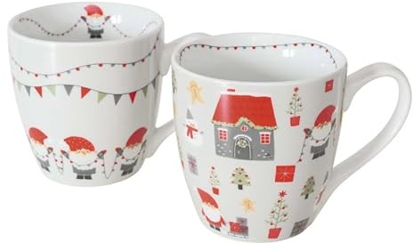 2 Stk JUMBO Kaffeetassen WICHTEL 480ml PORZELLAN weiss rot Tassen Kaffeebecher Herbst Zwerge Girlande Becher Jumbobecher b8053 Teetassen Jumbopott