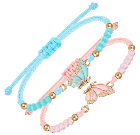 GVEYIQK 2 pcs pulseras de amistad, pulsera de mejor amiga para niñas, pulseras BFF, con colgante de mariposa, ajustable para niñas hasta 26 cm, azul
