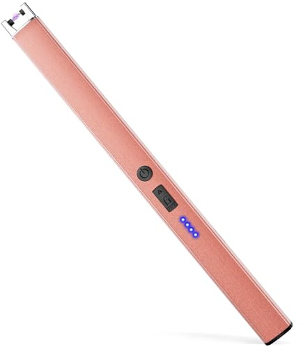 VEHHE Elektrisches Feuerzeug, Stabfeuerzeug USB Aufladbar ohne CO₂-Emissionen, Feuerzeug Lang mit Doppeltem Versicherungsschalter, Windfest & Explosionssicher für Küche, Outdoor, Grill – Roségold