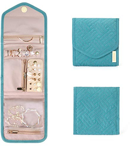 bagsmart Travel Jewellery Organiser, Small Foldable Jewelry Organiser Roll | travel jewellery Case for Journey-Rings, Necklaces, Bracelets, Earrings,Small-Lake Blue