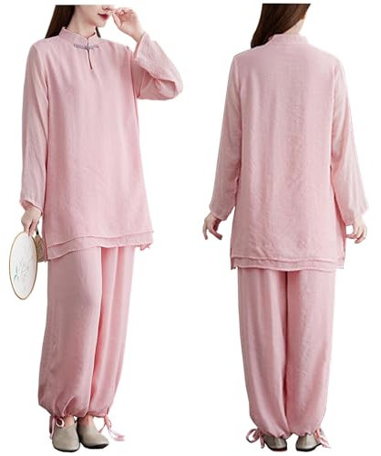 DAYKET Damen-Kampfsportanzug, Baumwollleinen, Tai-Chi-Uniform, Kung-Fu-Anzüge für Damen-Morgenübungen,Pink-XXL