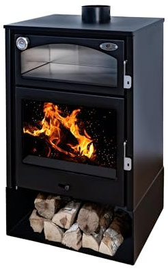 EIDER BIOMASA - Estufa de Leña Aston con Horno en Acero Inoxidable - 13,1 kW - Calienta hasta 225 m³ - Compacta 97x50x63 cm - Clase Energética A - Gran Carga, Amplio leñero y Horno Funcional
