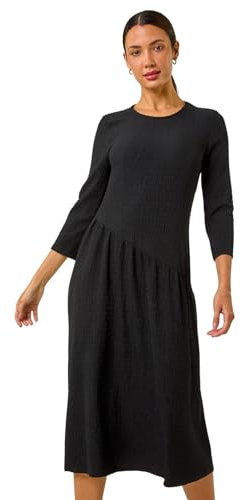 Roman Textured A-Line Stretch Midi Dress for Women UK - Ladies Autumn Everyday Winter Holiday Round Neckline Comfy 3/4 Sleeve Soft Jersey Frock Warm Cozy Gowns - Plain Black - Size 10
