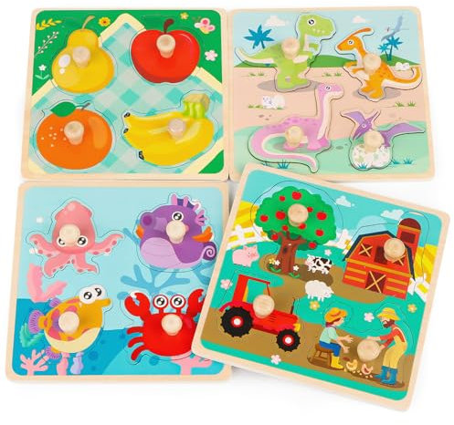 4 Stück Holzpuzzles Puzzlespielzeug für Kinder 3-6 Jahr,Holzpuzzle Holzspielzeug für Kinder, Puzzle mit Griff Holz Puzzlespielzeug,Bauernhoftieren Obst Cartoon Tiere Montessori Spielzeug Holzpuzzle