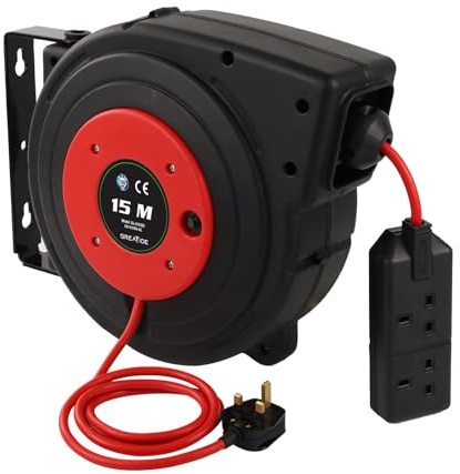 GREATIDE Cable Reel Retractable Automatic 50FT+4.5 (15+1.5M), Extension Cable Reel for Wall/Ceiling Mounting/Fence/Garden, Red