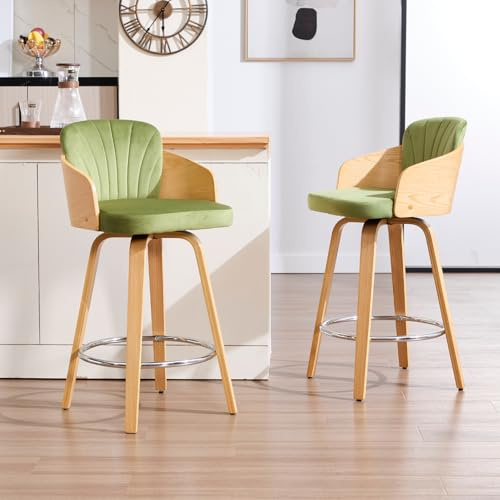 chairus 2er-Set Barhocker mit Holzrahmen, Drehbar, Fußstütze, Samt/Grün | Moderner Barstuhl mit Samtbezug, Massivholzbeinen und ringförmiger Fußstütze, 360°-Drehfunktion, für Hausbar oder Küche