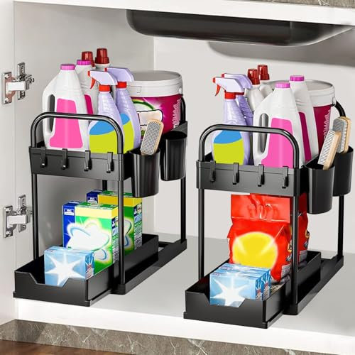 MEETOZ 2 Pcs Under Sink Storage Kitchen Organiser, 2 Tier Sliding Under Sink Organiser, Multi-Purpose Under Sink Shelf Organiser, Pull Out Cabinet Basket Drawer