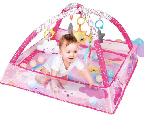 Sinbide Spieldecke für Babys, Spielmatte mit Spielbogen, Spielmatte und sensorische Spielzeuge für Babys, Krabbelmatte mit Laufgitterfunktion, ab der Geburt