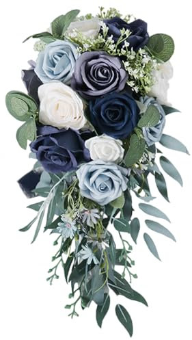 Bridal Bouquets for Bride - Drop Shape Wedding Flowers Bouquet, Blue Fake Roses for Ceremony, Church, Photography