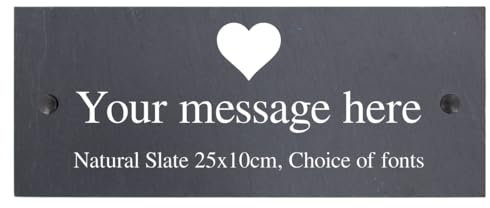 Personalised Heart Motif Natural Slate Sign Garden Plaque With Wall Fixings - 25x10cm