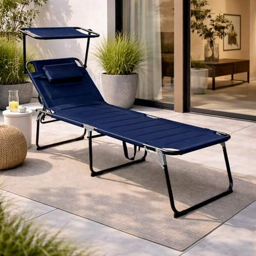Mojawo XXL Gartenliege Sonnenliege Relaxliege Liege Aluminium mit Kissen gepolstert klappbar Dunkelblau L200xB70xH45/95cm Belastbar bis 150kg