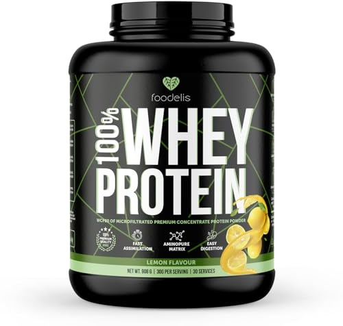 Foodelis Proteína Whey en Polvo – Proteína de Suero de Leche para Masa Muscular – Alta en Proteínas, Fácil Digestión (908 g, Limón)